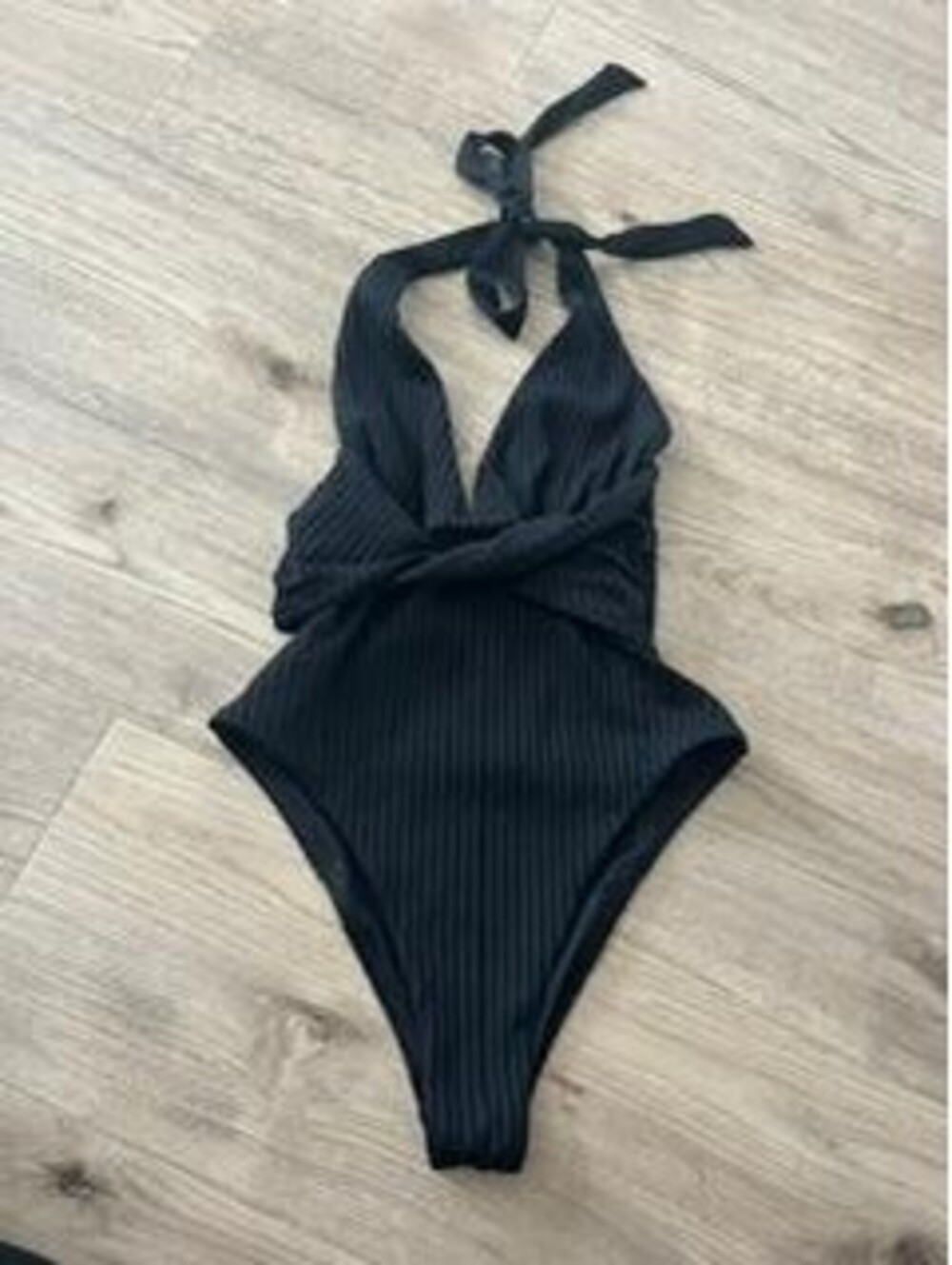 L Space Womens Ribbed Halter One Piece Swimsuit Black Size XS Plunge Neck